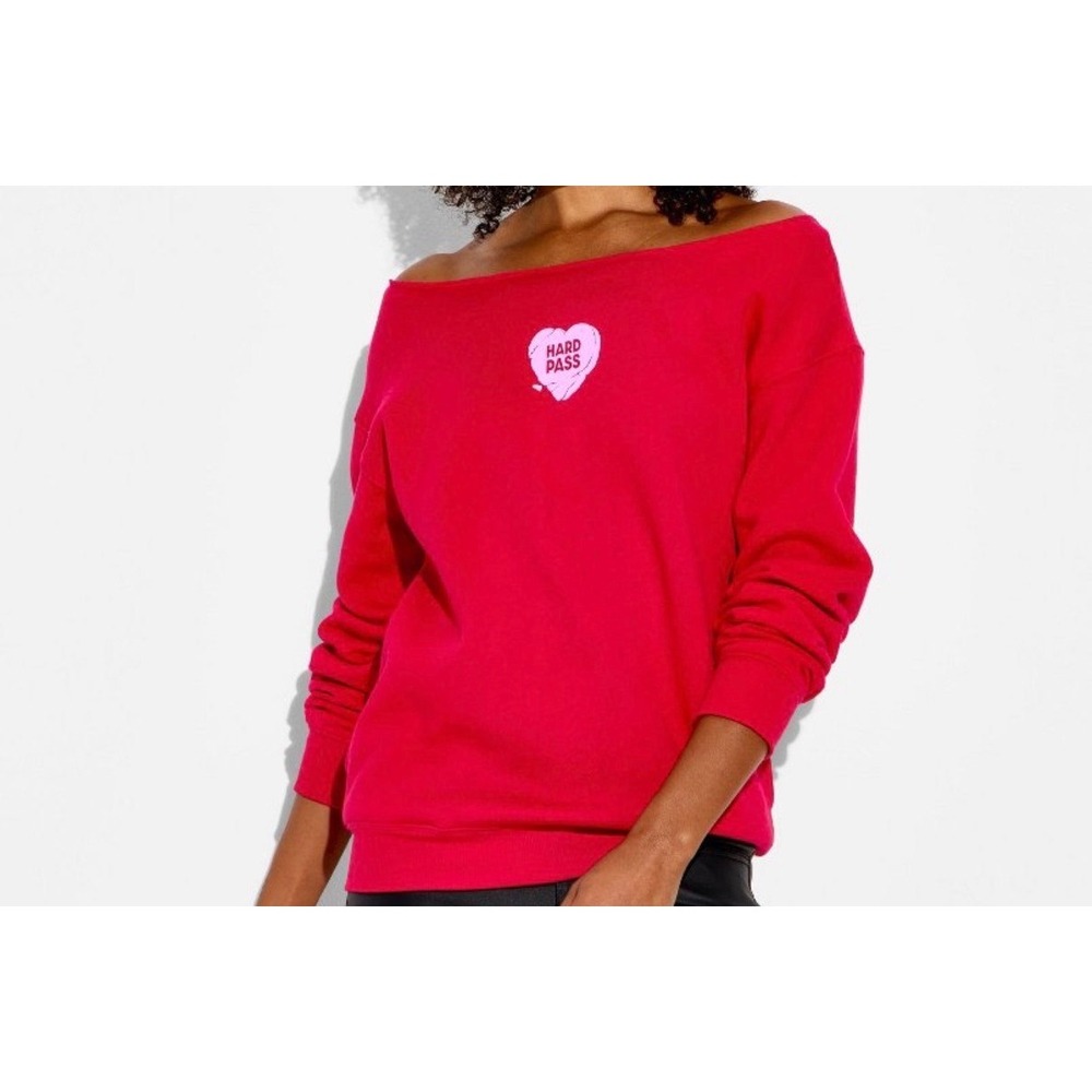 Wild Fable Riviera Red Hard Pass Heart Off Shoulder Sweatshirt Medium NWT